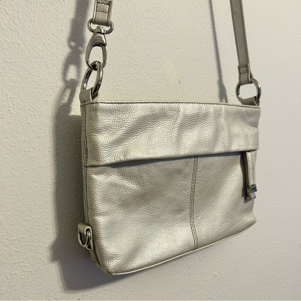 Silver Pebbled Leather Fold-Over Crossbody Bag